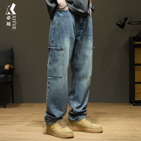 希越潮牌多口袋牛仔裤男2024新款宽松直筒工装裤子复古水洗休闲裤商品大图