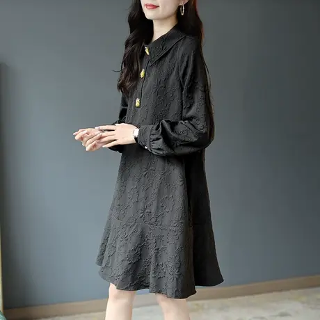 宝诗黎长袖提花春季中长款黑色连衣裙女2024休闲新款减龄衬衫裙子商品大图