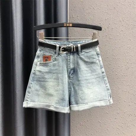 2024夏季新款时尚贴标牛仔短裤女高腰修身显瘦包臀弹力卷边阔腿裤图片