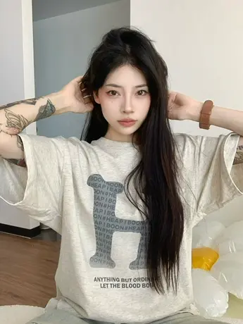 纯棉印花字母设计感短袖t恤女夏季ins潮牌宽松港味复古chic上衣服商品大图