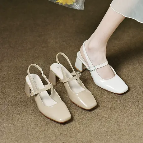 包头凉鞋女夏外穿2024年新款高跟鞋粗跟方头一字带玛丽珍女鞋单鞋商品大图