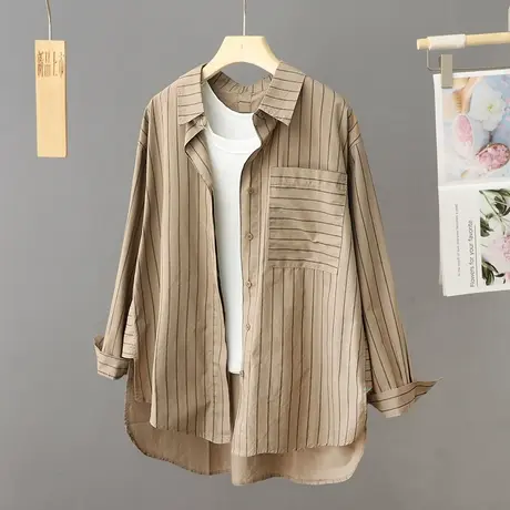 咖啡色前短后长条纹衬衫式薄外套女中长款宽松大码休闲设计感上衣商品大图
