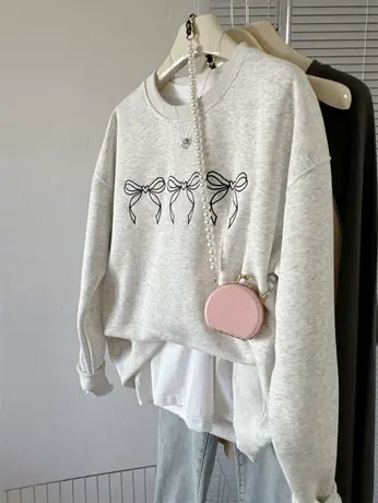 蝴蝶结刺绣简约大方上衣2024春季新款韩版宽松圆领套头卫衣女外套图片