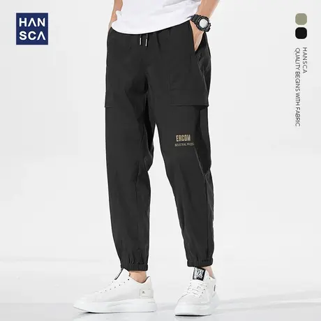 汉斯卡2021新款薄款冰丝工装裤男士夏季九分束脚抽绳休闲哈伦裤潮商品大图