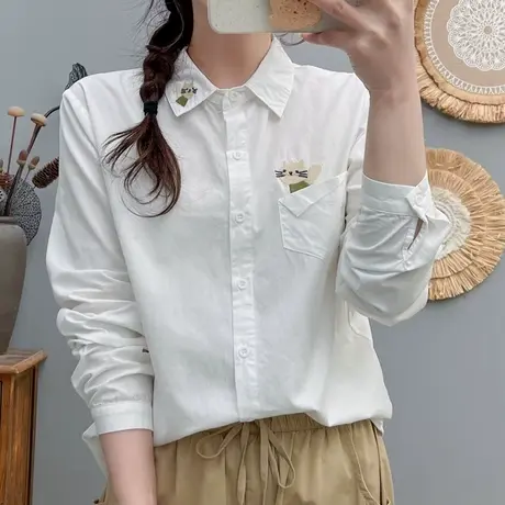 2024年春秋新款学院风猫咪刺绣纯棉长袖白衬衫女宽松叠穿打底上衣商品大图