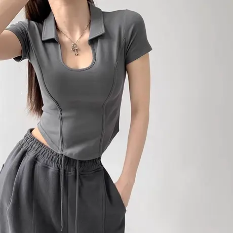 u领t恤女短袖夏装2024年新款短款半袖polo领紧身内搭打底衫潮ins商品大图