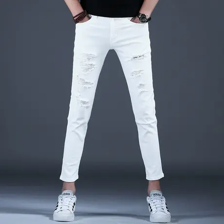 2024男士春季牛仔裤子经典白色修身破洞九分小脚裤棉弹百搭男潮牌商品大图