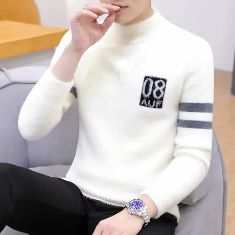 半高领水貂绒毛衣男士秋冬季加厚打底针织衫学生潮流保暖冬装上衣商品大图