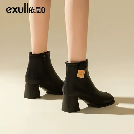 依思q高跟靴女秋冬2023年新款粗跟方头切尔西短靴显瘦小个子女靴商品大图