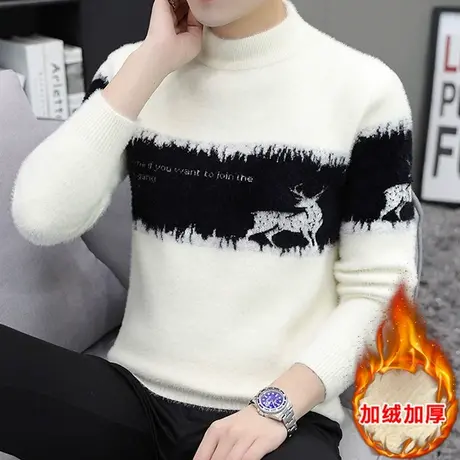 冬装水貂绒毛衣男士半高领打底衫加绒加厚保暖羊毛衫秋冬季线衣服商品大图
