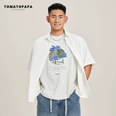 TOMATOPAPA短袖衬衫穿搭潮男纯色纽扣开衫外套可外穿宽松百搭上衣商品大图