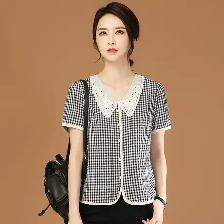 韩潮袭人格子短袖蕾丝拼接衬衣女2023夏新款气质秀衬衫设计感上衣图片