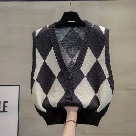 v领菱形针织开衫马甲背心女2023秋装新款马夹宽松上衣短毛衣坎肩图片