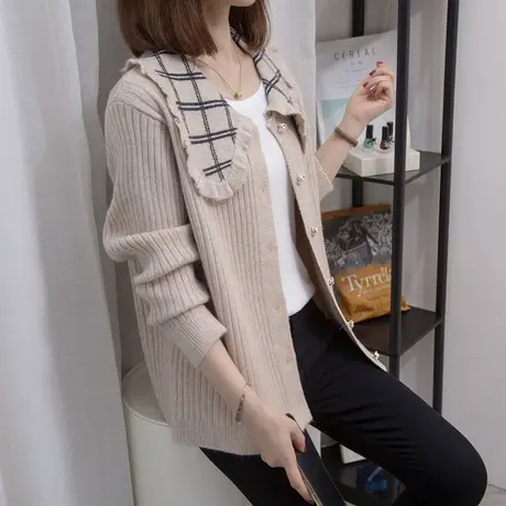 娃娃领针织开衫女2023秋冬新款宽松慵懒风外穿上衣外搭毛衣外套潮图片