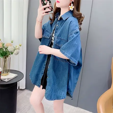 oversize港风短袖牛仔衬衫女夏季新款韩版宽松休闲百搭外套上衣潮商品大图