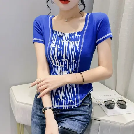 法式方领短袖T恤女2023夏季新款设计感下摆不规则上衣洋气半袖潮商品大图