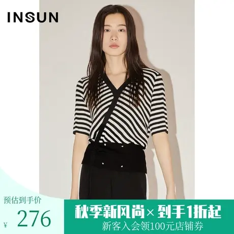 恩裳COVER初春秋新款时尚简约休闲条纹交叠款抽绳显瘦针织衫女图片