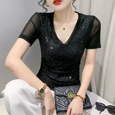 欧货性感V领T恤女短袖上衣网纱拼接亮片上衣修身显瘦洋气小衫夏装商品大图