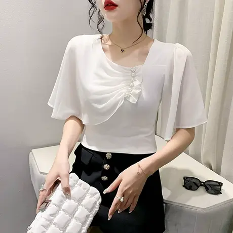 欧货网纱拼接T恤女五分袖夏2023新款仙气修身小衫设计感斜领上衣商品大图