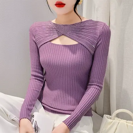 不规则镂空交叉褶皱针织衫性感烫钻拼接钉珠上衣洋气修身打底衫商品大图