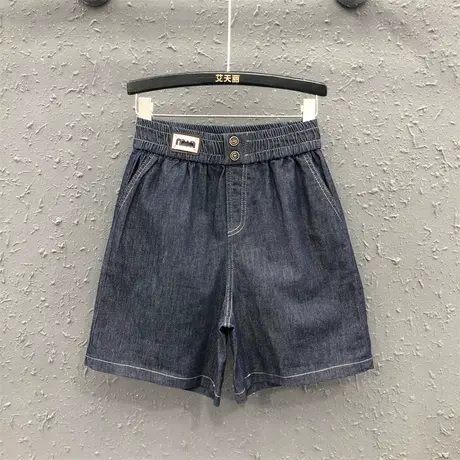 欧货松紧腰休闲薄款牛仔五分裤女夏质深蓝色显瘦高腰阔腿中裤热裤图片