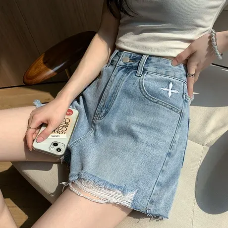 浅色牛仔短裤女2023年夏季新款高腰a字宽松显瘦ins百搭毛边热裤潮图片