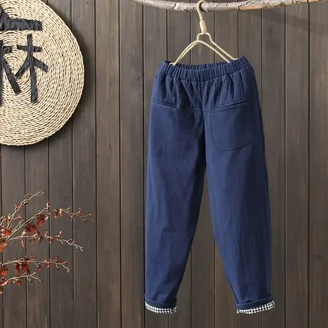 枫谜2022年冬季新款复古文艺夹棉松紧腰格子拼接宽松休闲哈伦裤图片