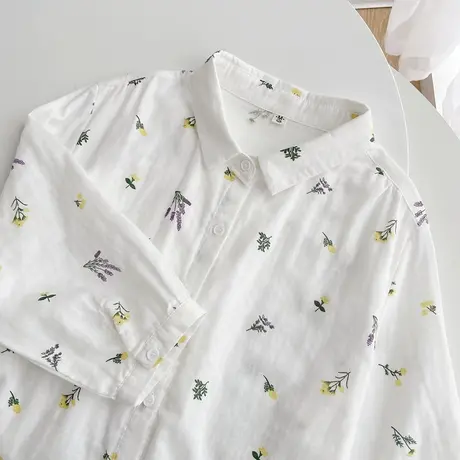 夏季文艺小清新印花双层纱纯棉七分袖衬衫女学生宽松休闲中袖上衣图片