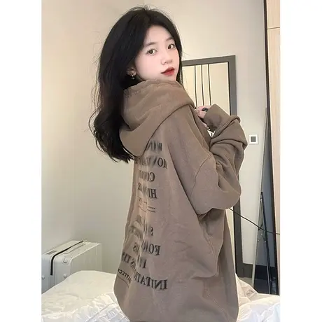 美式复古oversize卫衣女2022春秋薄款宽松连帽上衣开衫外套潮ins商品大图