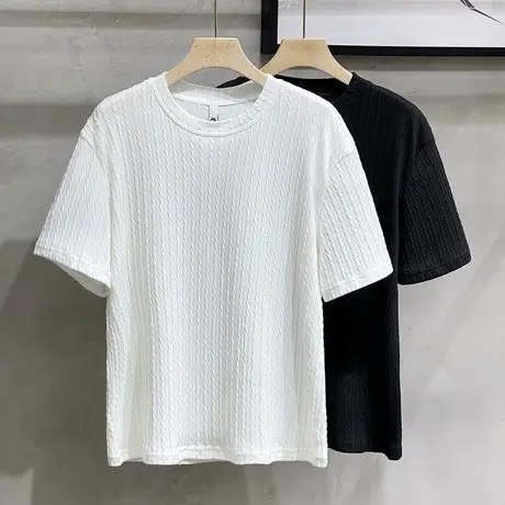 提花暗条纹白色男士短袖T恤 韩版宽松简约夏季高级肌理感圆领体恤商品大图