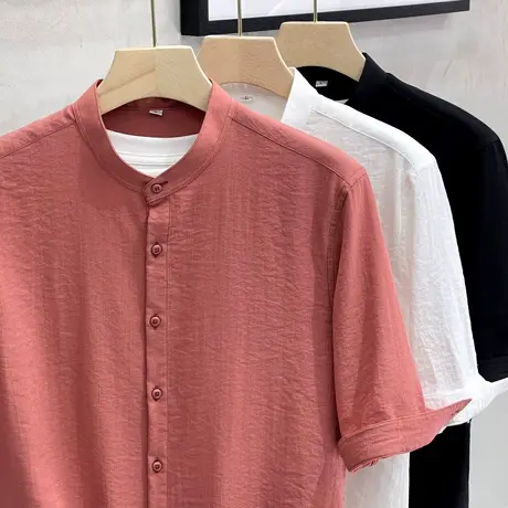 冰丝夏季韩版修身立领半袖5五分短袖衬衫男士潮流休闲中袖衬衣男商品大图