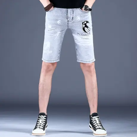 夏天时尚印花灰色牛仔短裤男款秋季潮流五分过膝中裤2023新款裤子图片