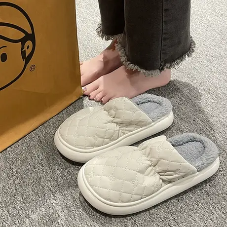 卡通可爱小熊棉拖鞋女秋冬季居家简约大气软乎乎舒适静音毛绒拖鞋商品大图