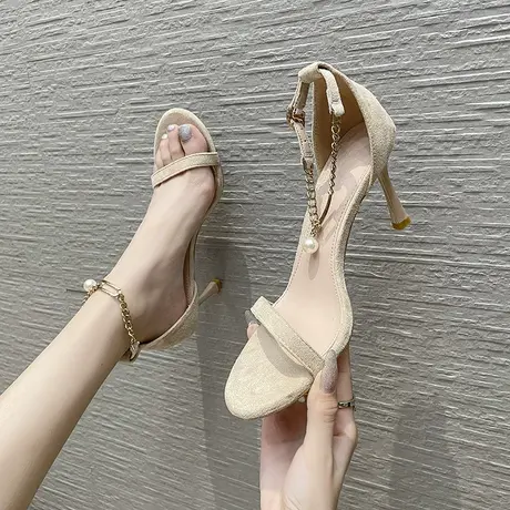 一字扣带珍珠凉鞋女气质2023年夏季新款时尚百搭仙女风细跟高跟鞋商品大图