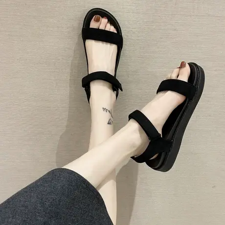 黑色凉鞋女仙女风平底鞋2023新款夏季韩版时尚百搭软底防滑沙滩鞋商品大图