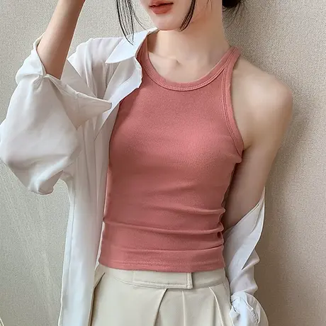 美式挂脖时尚吊带背心女夏季衬衫内搭美背修身辣妹风纯色无袖上衣商品大图