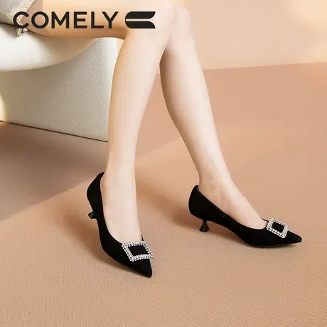 康莉细跟单鞋女2024年春季新款尖头真皮中跟水钻方扣时尚晚宴鞋商品大图
