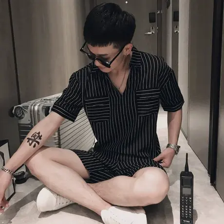 夏季男时尚两件套短裤短袖衬衫修身休闲条纹套装网红潮牌宽松ins图片