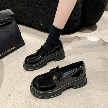 乐福鞋女2024春秋季新款复古英伦风单鞋小个子厚底法式粗跟小皮鞋商品大图