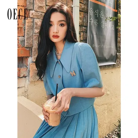 Oece复古港风短袖上衣女春秋夏季新款女设计感西装式衬衫图片