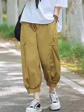 纯色休闲裤女2023夏季薄款新款时尚盘扣拼接大码八分哈伦裤潮ins商品大图