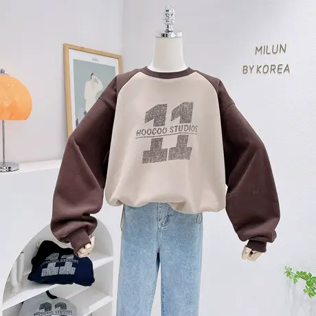 小个子加绒上衣2022秋冬新款韩国东大门复古美式字母插肩袖厚卫衣商品大图