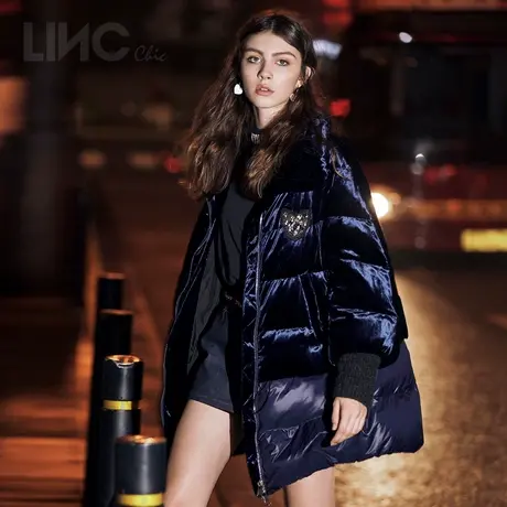 LINC金羽杰2023年冬新款反季轻奢丝绒中长款羽绒服女专柜断码清仓商品大图