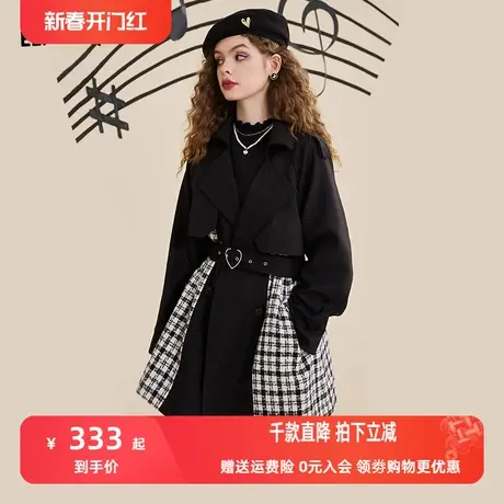 妖精的口袋拼接黑色风衣外套女2022秋季新款中长款气质休闲小个子图片