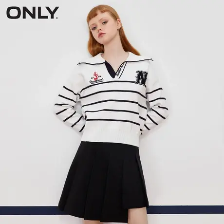 ONLY冬季复古条纹时髦翻领刺绣毛针织衫女|122313804商品大图