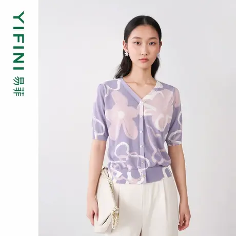 [专柜同款]Yifini/易菲气质通勤印花合体短款V领针织衫女毛衫秋新商品大图