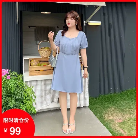 显瘦大码胖MM连衣裙2023夏装新款V领气质优雅短袖雪纺裙子遮肚子商品大图