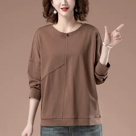 长袖t恤女春季加肥加大码女装宽松中年妈妈遮肚子显瘦全棉打底衫商品大图