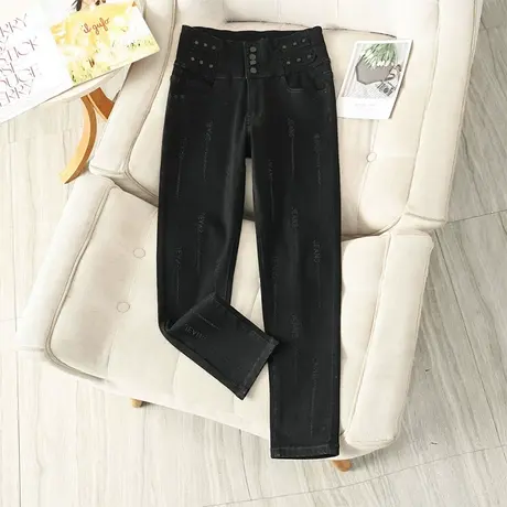 伊自尚2023新款胖mm秋冬时髦烫钻高腰显瘦弹力牛仔裤大码女装9504商品大图