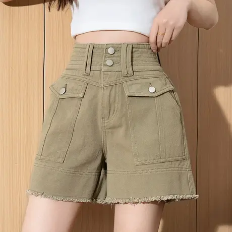 唐狮春夏季新款牛仔短裤女高腰工装口袋毛边潮流时尚个性裤子女图片